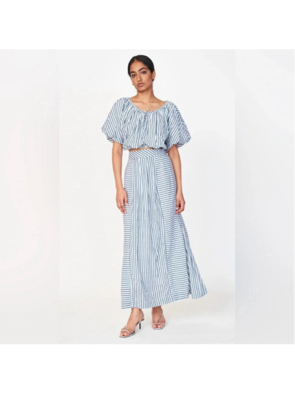 Mirth Striped Maxi Skirt and Crop Top Two Piece Set Size XS White and Blue